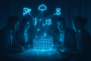 Team aziendale che studia una mappa di dispositivi IoT connessi